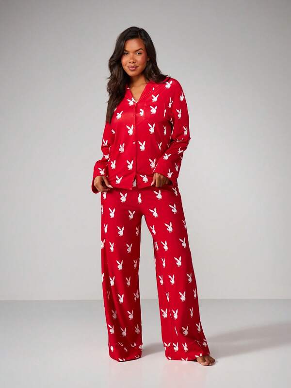 missguided Missguided x Playboy Long Sleeve Bunny Print Pajama Set With Button Front