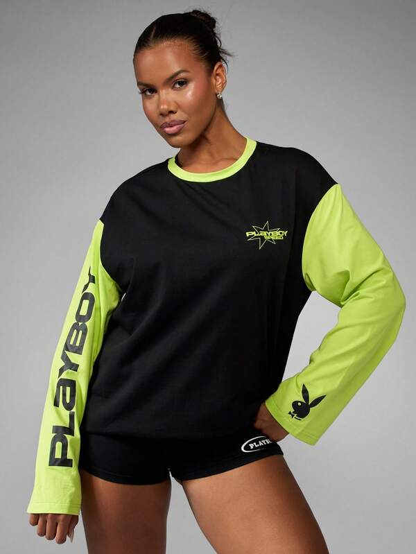 Missguided Missguided X Playboy Long Sleeve Color Block Graphic Tee