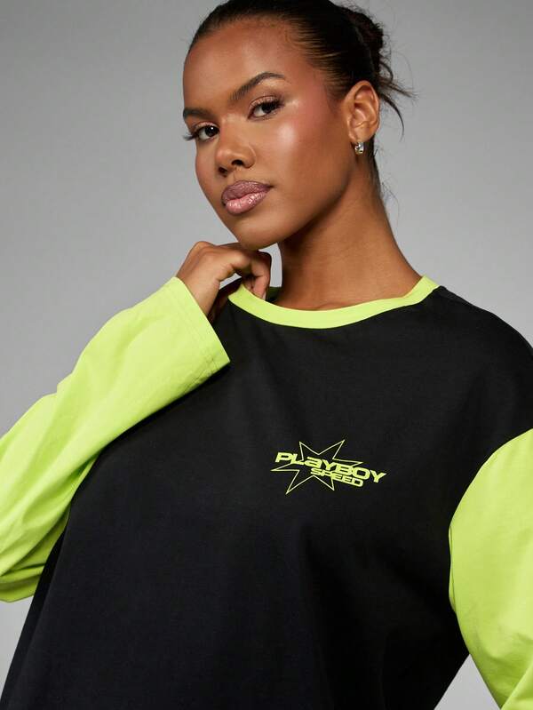 Missguided Missguided X Playboy Long Sleeve Color Block Graphic Tee
