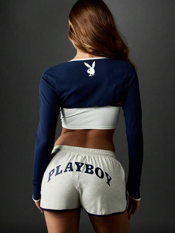 Missguided Missguided X Playboy Long Sleeve Contrast Crop Top With Elasticated Shorts Set