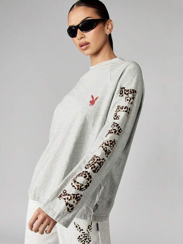 Missguided Missguided X Playboy Long Sleeve Crew Neck Sweatshirt With Leopard Print Letters