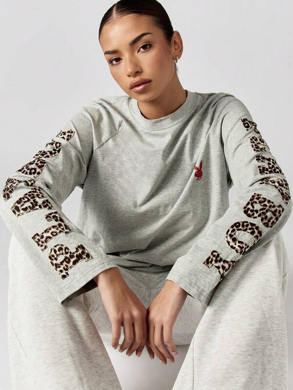 missguided Missguided x Playboy Long Sleeve Crew Neck Sweatshirt With Leopard Print Letters