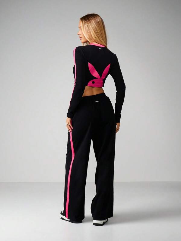 Missguided Missguided X Playboy Long Sleeve Crop Top And Wide Leg Pants With Contrast Stripes