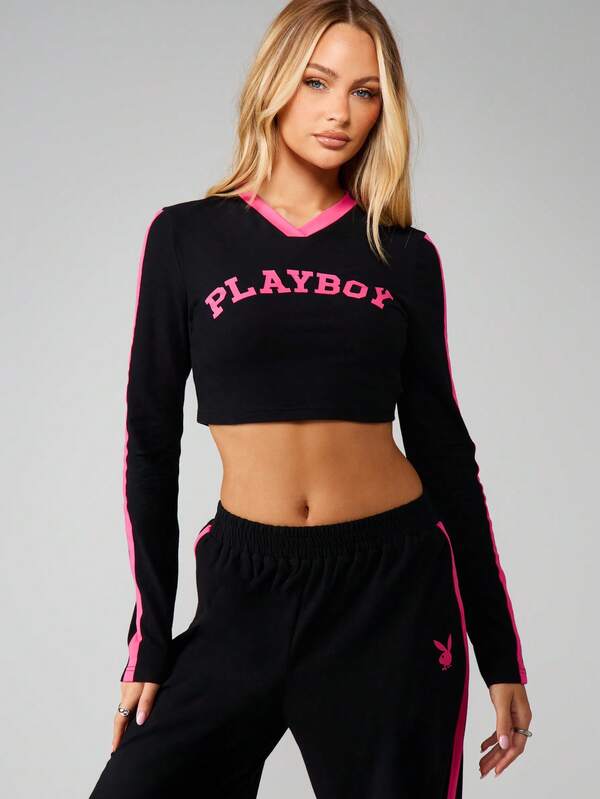 Missguided Missguided X Playboy Long Sleeve Crop Top And Wide Leg Pants With Contrast Stripes