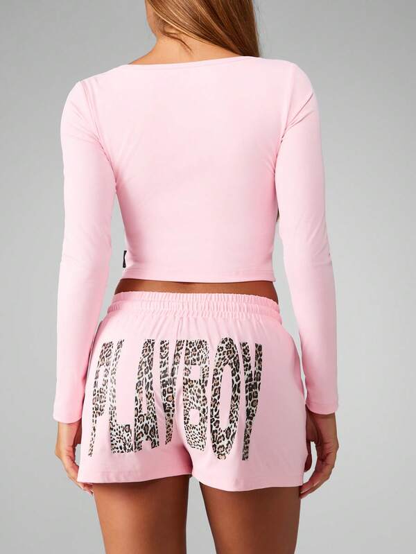 Missguided Missguided X Playboy Long Sleeve Crop Top With Leopard Print And Matching Shorts