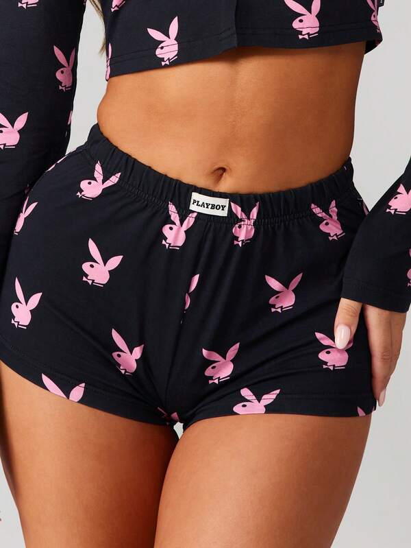 Missguided Missguided X Playboy Long Sleeve Crop Top With Matching Shorts Set
