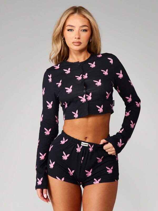 missguided Missguided x Playboy Long Sleeve Crop Top With Matching Shorts Set