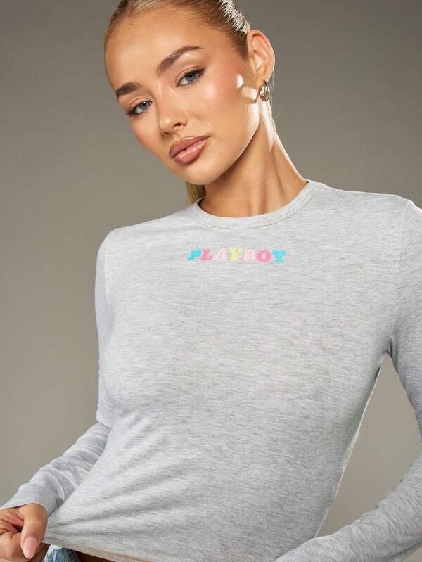 Missguided Missguided X Playboy Long Sleeve Crop Top With Rainbow Logo