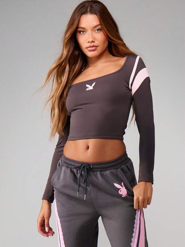 Missguided Missguided X Playboy Long Sleeve Crop Top With Scoop Neck
