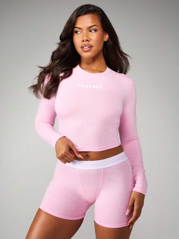missguided Missguided x Playboy Long Sleeve Crop Top With Shorts