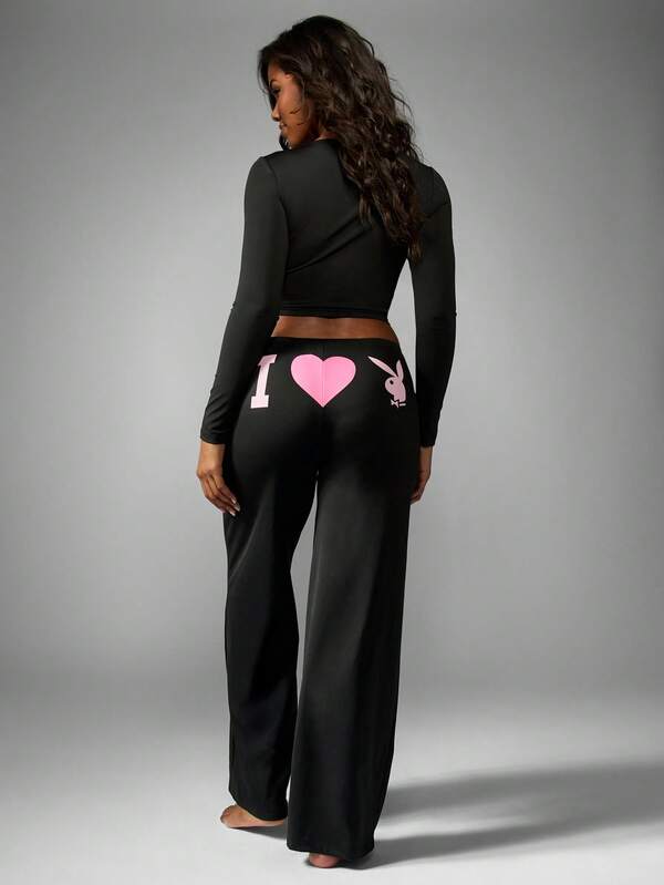 Missguided Missguided X Playboy Long Sleeve Crop Top With Wide Leg Pants Set