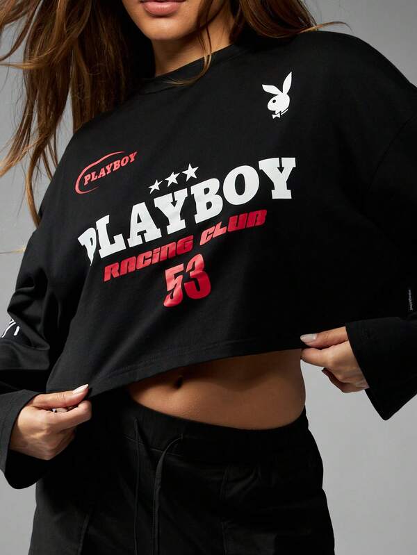 Missguided Missguided X Playboy Long Sleeve Cropped Graphic Tee With Racing Design