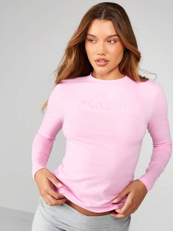 Missguided Missguided X Playboy Long Sleeve Embossed Crew Neck Top
