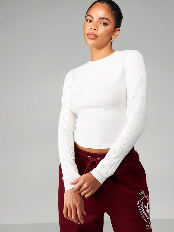 missguided Missguided x Playboy Long Sleeve Embossed Crew Neck Top