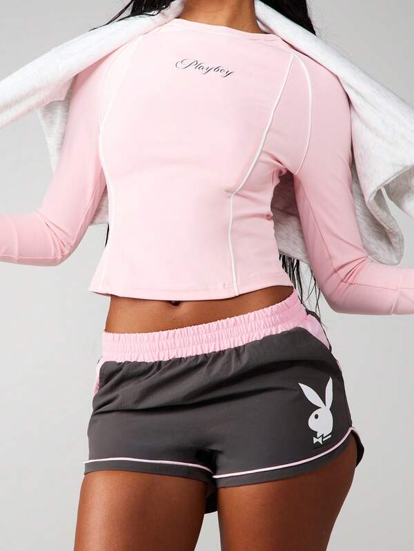 Missguided Missguided X Playboy Long Sleeve Fitted Crop Top With Raglan Sleeves