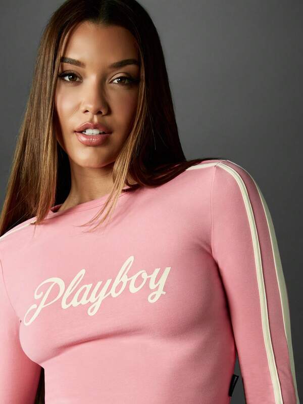 Missguided Missguided X Playboy Long Sleeve Fitted Crop Top With Logo Print