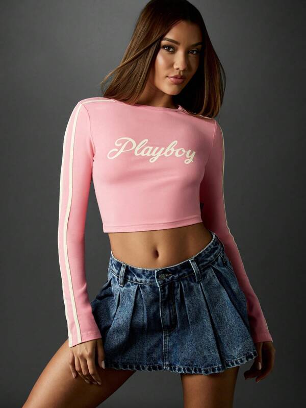 missguided Missguided x Playboy Long Sleeve Fitted Crop Top With Logo Print