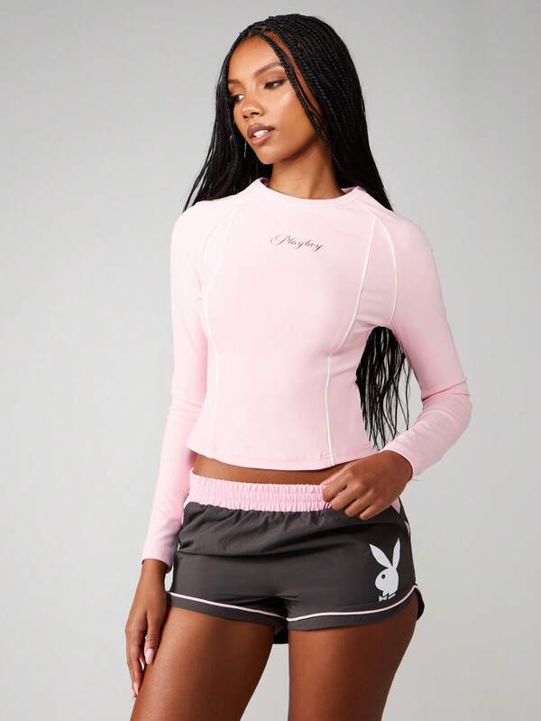 missguided Missguided x Playboy Long Sleeve Fitted Crop Top With Raglan Sleeves