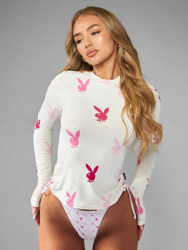 Missguided Missguided X Playboy Long Sleeve Fitted Top With Bunny Logo Print