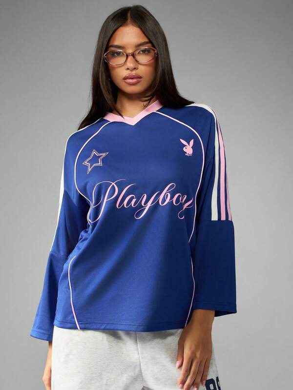 missguided Missguided x Playboy Long Sleeve Football Jersey Top