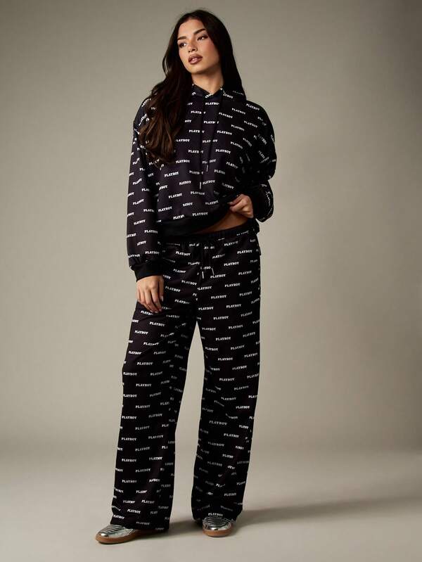 missguided Missguided x Playboy Long Sleeve Hooded Sweatshirt With Wide Leg Pants