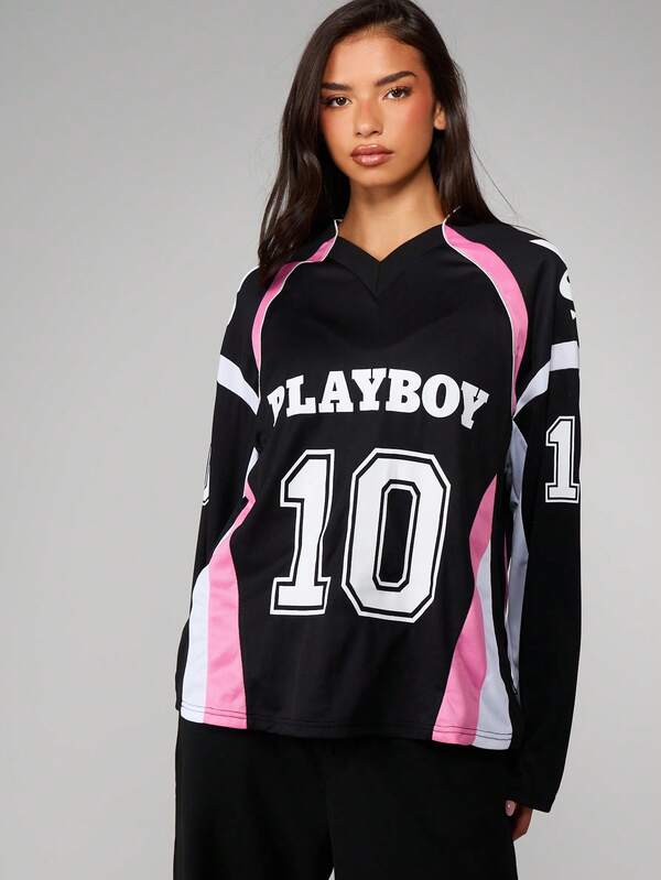 Missguided Missguided X Playboy Long Sleeve Jersey Top With Contrast Paneling