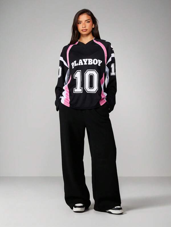 Missguided Missguided X Playboy Long Sleeve Jersey Top With Contrast Paneling