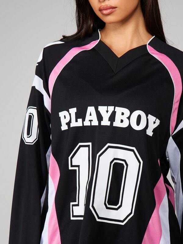 Missguided Missguided X Playboy Long Sleeve Jersey Top With Contrast Paneling