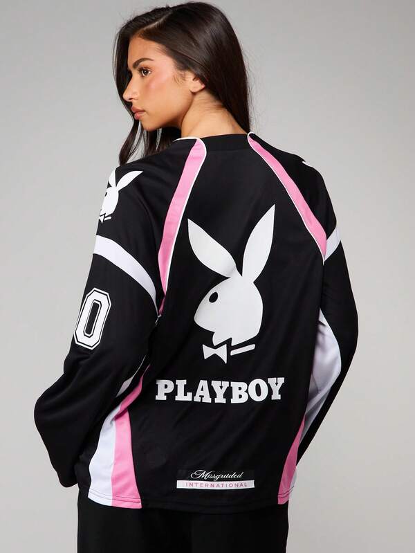 missguided Missguided x Playboy Long Sleeve Jersey Top With Contrast Paneling