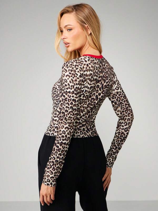 Missguided Missguided X Playboy Long Sleeve Leopard Print Top With Red Trim