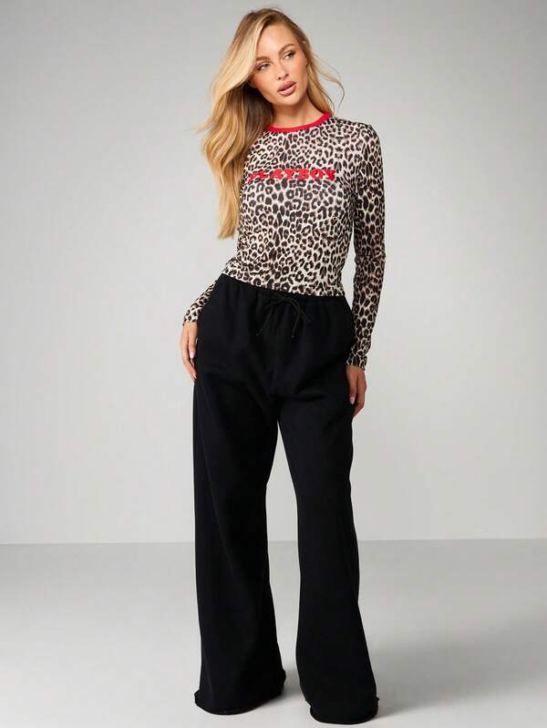 Missguided Missguided X Playboy Long Sleeve Leopard Print Top With Red Trim