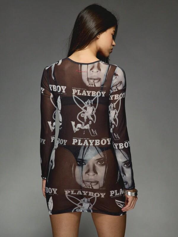 Missguided Missguided X Playboy Long Sleeve Mesh Mini Dress With Magazine Print