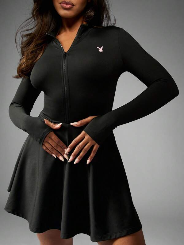 missguided Missguided x Playboy Long Sleeve Mock Neck Zip Front Tennis Dress