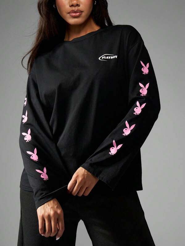 Missguided Missguided X Playboy Long Sleeve Oversized Bunny Logo T-Shirt