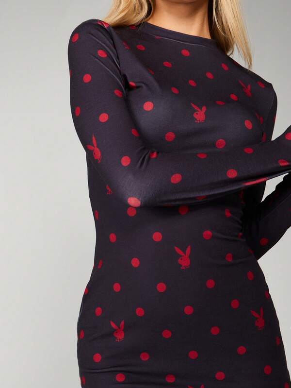 Missguided Missguided X Playboy Long Sleeve Polka Dot Bodycon Dress