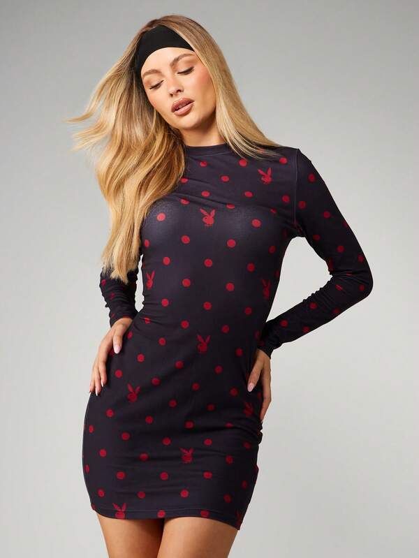 missguided Missguided x Playboy Long Sleeve Polka Dot Bodycon Dress