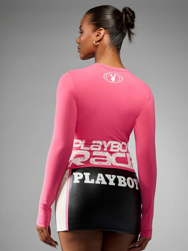 Missguided Missguided X Playboy Long Sleeve Racing Graphic Top With Logo Print