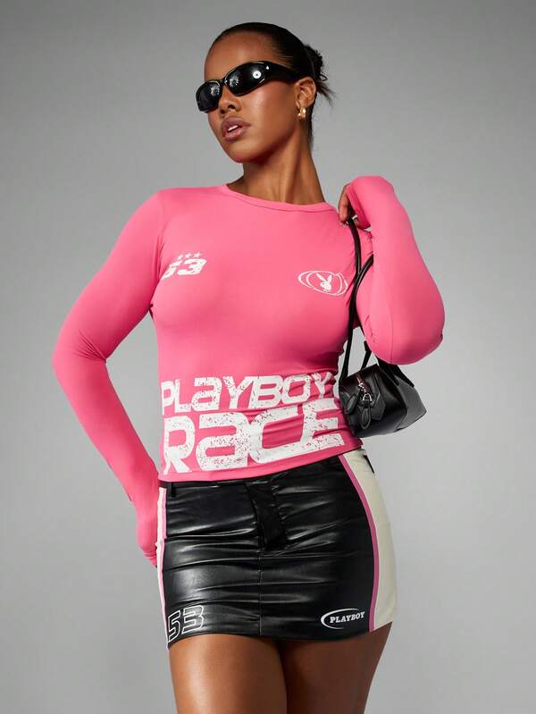 missguided Missguided x Playboy Long Sleeve Racing Graphic Top With Logo Print