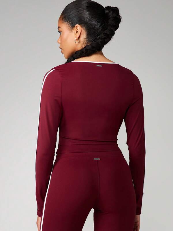 Missguided Missguided X Playboy Long Sleeve V Neck Crop Top With Contrast Trim