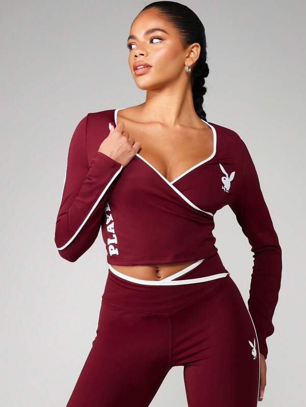 missguided Missguided x Playboy Long Sleeve V Neck Crop Top With Contrast Trim