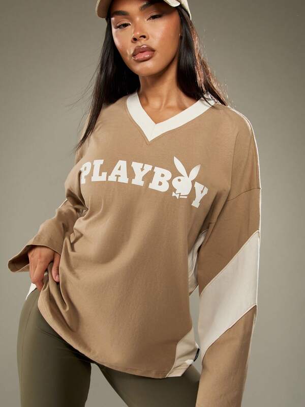 missguided Missguided x Playboy Long Sleeve V Neck Sweatshirt With Logo Print