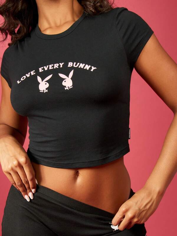Missguided Missguided X Playboy Love Every Bunny Playful Graphic Print Short Sleeve Crop Baby Tee