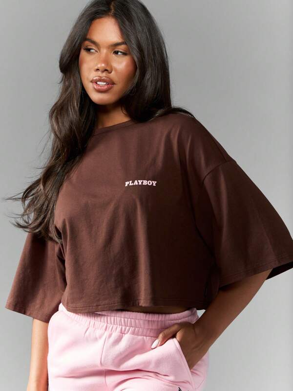 Missguided Missguided X Playboy Lucky Horseshoe Bunny Logo Oversized Cropped Tee