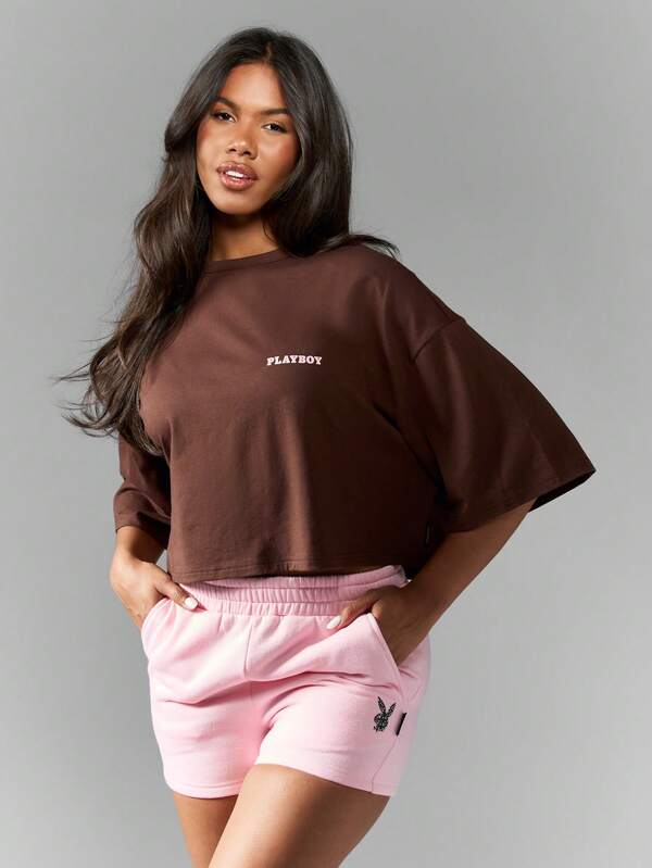 Missguided Missguided X Playboy Lucky Horseshoe Bunny Logo Oversized Cropped Tee