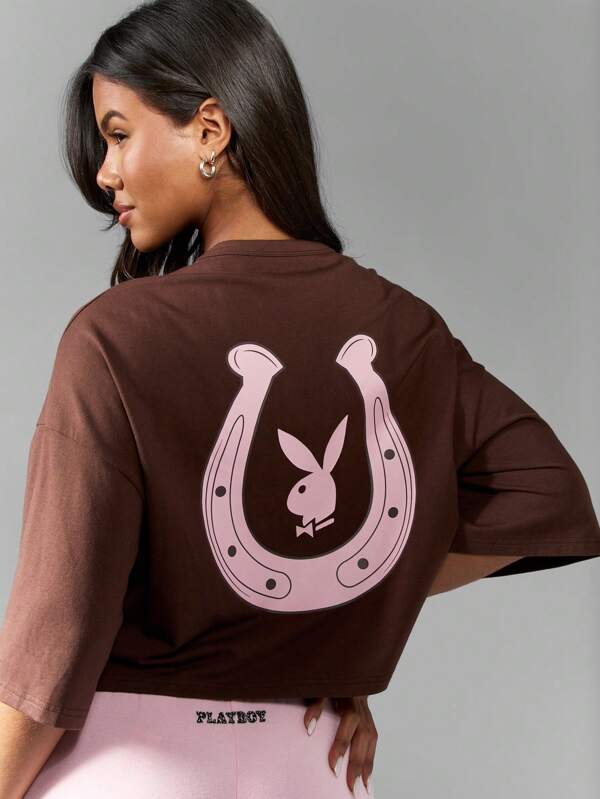 missguided Missguided x Playboy Lucky Horseshoe Bunny Logo Oversized Cropped Tee