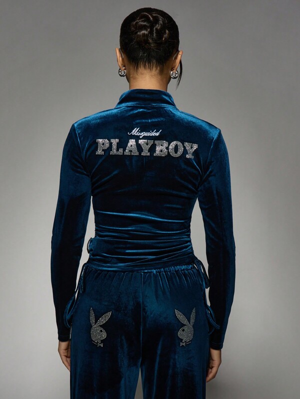 missguided Missguided x Playboy Luxe Velvet Rhinestone Logo Embellished Zip-Up Sweatshirt Bunny Motif