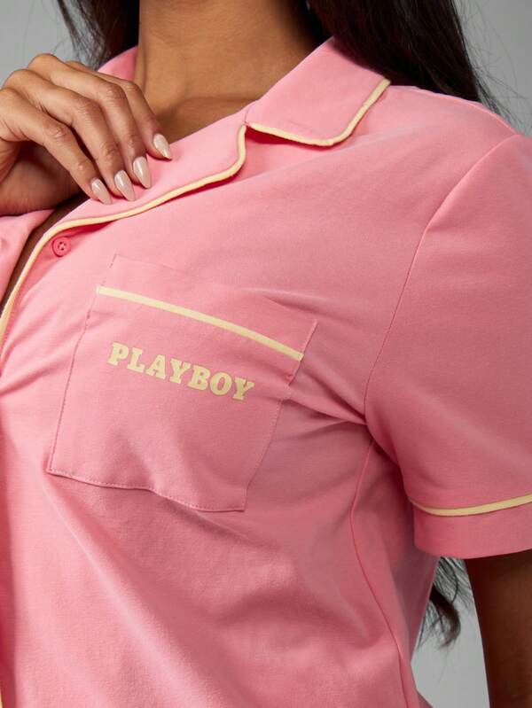 Missguided Missguided X Playboy Luxurious Button Up Short Sleeve Two-Piece Outfit With Shorts And Piping