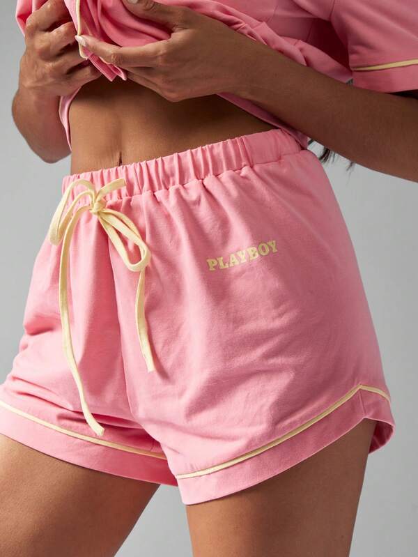 Missguided Missguided X Playboy Luxurious Button Up Short Sleeve Two-Piece Outfit With Shorts And Piping