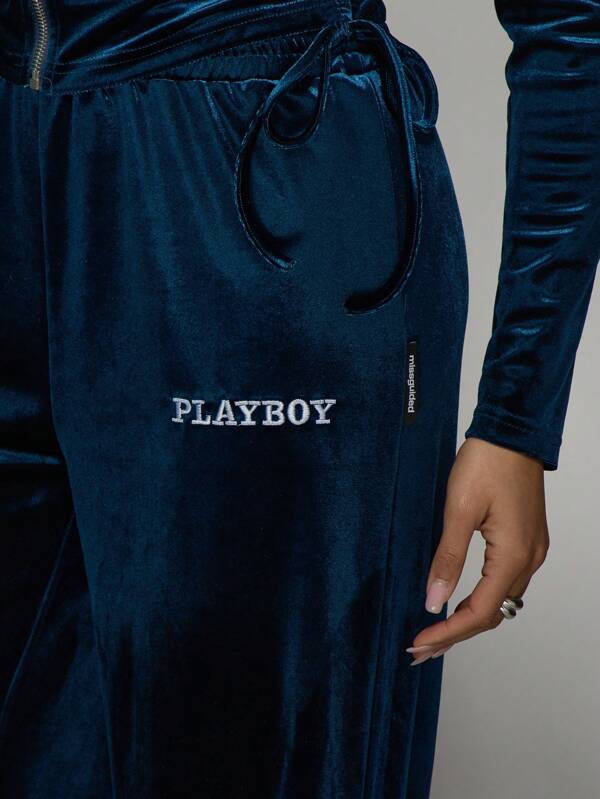 Missguided Missguided X Playboy Luxury Velvet Joggers With Rhinestone Logo