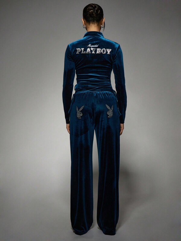 missguided Missguided x Playboy Luxury Velvet Joggers With Rhinestone Logo